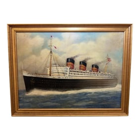 Seascape Oil Painting Rms Queen Mary Steam Ship on Choppy Seas After Antonio Jacobsen Framed