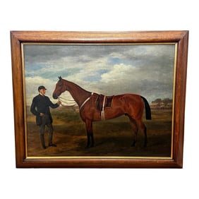 19th Century Oil Painting Victorian Bay Hunter Horse With Groom at French Fair Dated 1863