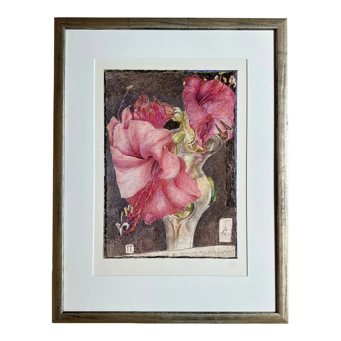 1980s Horst Janssen Lillies Floral Offset Lithograph Red Stamped Germany, Framed: Horst Janssen Lillies Floral Offset Lithograph Red Stamped Germany Publisher red signature stamp lower right Offset lithograph framed under glass Silver tone frame size 18.5" wide x 24" tall Matted Li