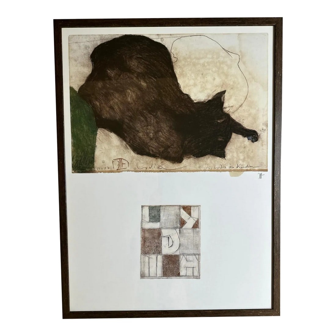 1980s Horst Janssen Cat Lydia Art Poster Germany: Poster Cat 'Lydia' by renowned Artist, Horst Janssen of Germany (1929-1995). Frame size 22.25 wide x 29.75" high Original artwork dated 1987 Inscripted Signed in print The Horst Janssen Museum in Olde