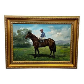 British Oil Painting Jockey Joe Mercer on No 2 Race Horse Brigadier Gerard