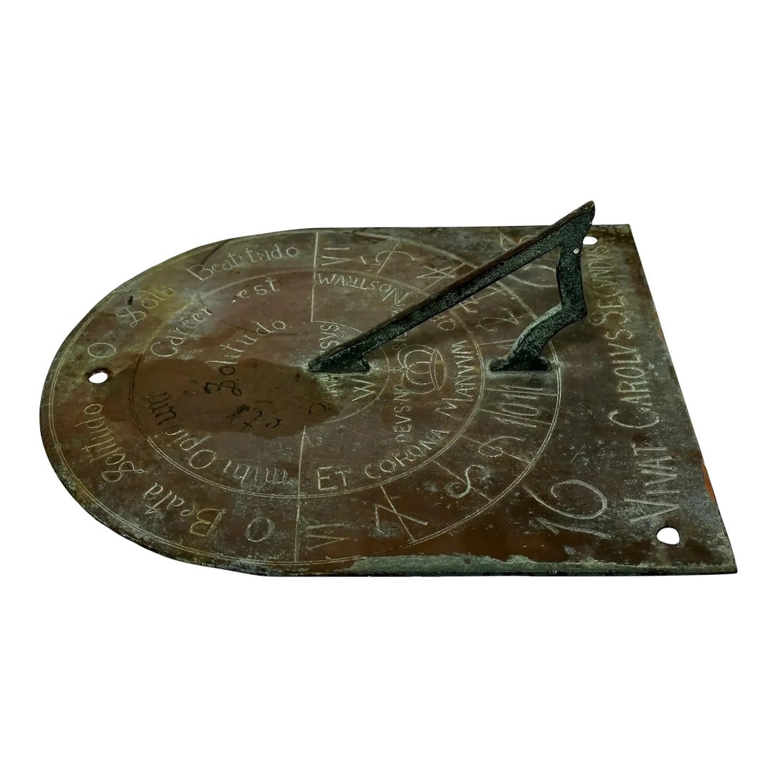 Small English 17th Century Bronze Garden Sundial Plate With Verdigris Patina: 1 Small Traditional Charming Antique English Restoration Period 17th Century Architectural Exceptional Bronze Garden Sundial Top Plate With Gnomon Timepiece Royal King Charles II Lives. Title "Charles