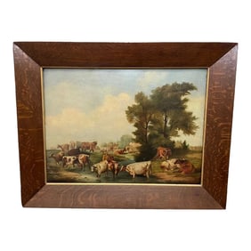Large British Georgian Oil Painting Cattle Herd Gathered After Paulus Potter