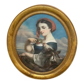 Oval Mid 19th Century French Neapolitan Genre Painting Young Woman Feeding Goat Flowers