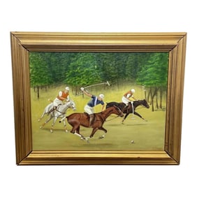 Mid Century British Equine Oil Painting Horse & Riders Polo Match Sport of Kings