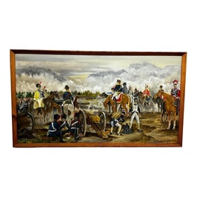 1970s Oil Painting Battle Waterloo Redcoats Against French Imperial Guard Napoleon & Ney Overlooking