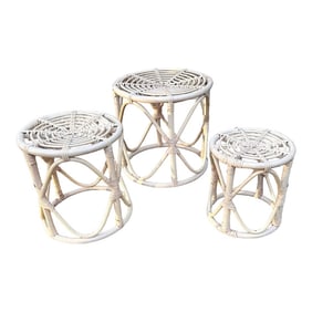 Set of 3 Bent Bamboo Nesting Tables Stools Cane and Rattan Plant Stand