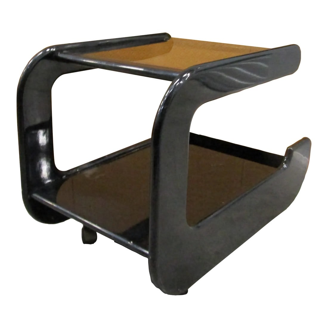 1950s Space Age Wood Black Lacquer Bar Cart Game Table Attributed to Marcello Siard: Space Age Wood Black Lacquer Bar Cart Game Table attributed to Marcello Siard Rectangular rolling bar cart with smoked glass removable top, area for bottle storage and bottom shelf. Measures 34" long,