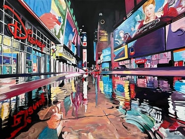 Painting of Times Square New York City Reflections After the Rain II - Unique Original Art by Britis