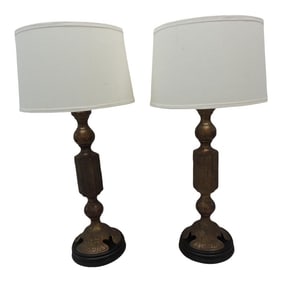 James Mont Large Brass With Bronze Finish Table Lamps on Wood Base - A Pair