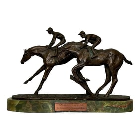 Equine Bronze Race Horses & Jockeys Galloping Triumph Hurdle Cheltenham Festival 1967 Sculpture