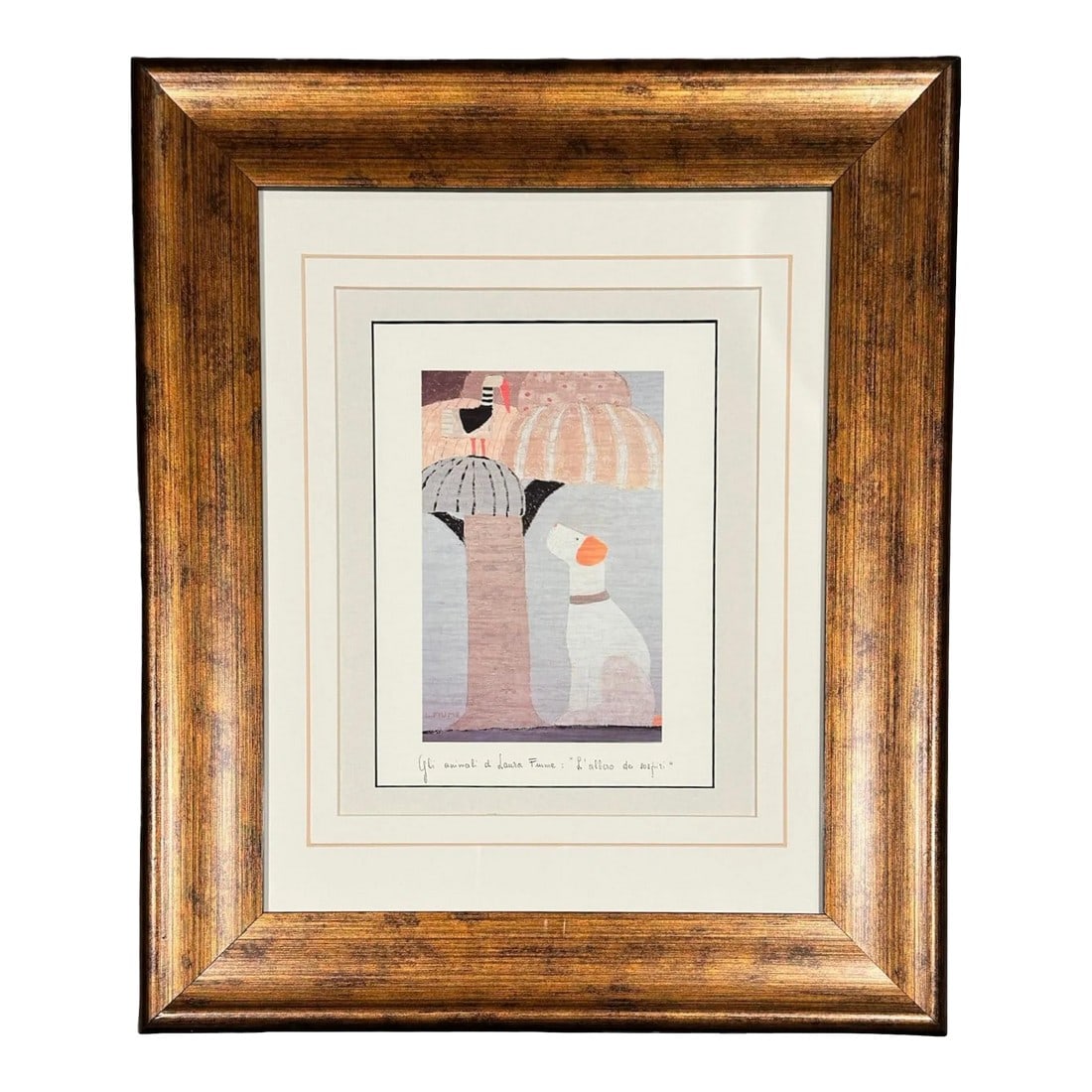 Signed Lithograph Print by Laura Fiume Bird Dog Animal Series Tree of Sighs: Offering a framed lithograph print on textured paper featuring Italian artist Laura Fiume's 'L'albero dei sospiri' (The tree of sighs), from 'Gli animali di Laura Fiume' (Laura Fiume's animals). Signe