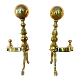 Antique Rostand Canonball Brass Fireplace Andirons