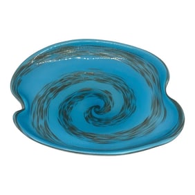 Mid 20th Century Murano Style Modern Aqua Art Glass Amoeba Oval Shape With Silver and Bronze Swirl D