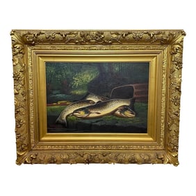 Scottish Oil Painting Burn Trout Fish Caught Culroy Burn River by James Russell Dated 1914
