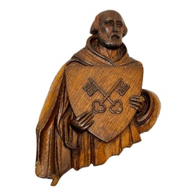 19th Century Religious Saint Holding Shield Crossed Keys of Heaven Wall Sculpture