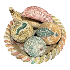 Large Vintage Terracotta Fruit Braided Bowl Hand Painted Pottery-6 Pieces