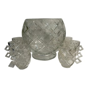 Mid 20th Century Colony Glass Footed "Diamond Block" Punch Bowl and 11 Cups - a Set of 12 Pieces