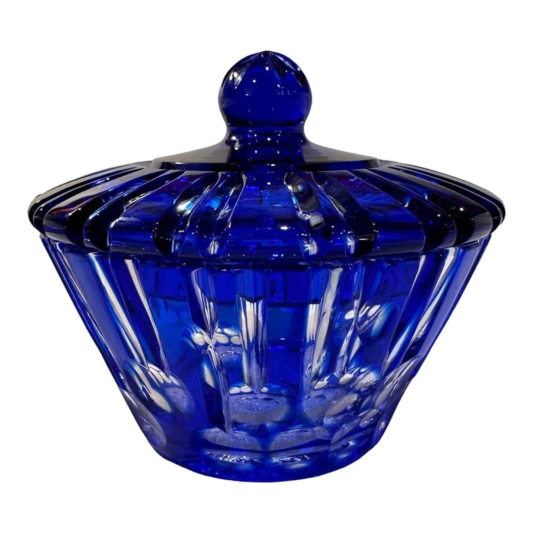 Vintage Towle Cobalt Blue Cut to Clear Crystal Lidded Jar Bowl: Gorgeous cobalt blue cut to clear functional art. Heavy lidded jar or bowl. Round punties with vertical cuts alternating in height around bowl. Finial is star cut with circle cut to clear and cuts rad