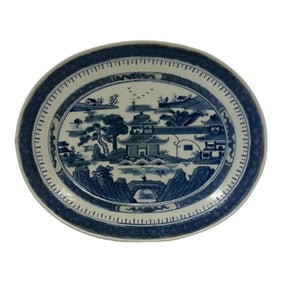 Vintage Chinoiserie Blue and White Ceramic Decorative Oval Serving Platter