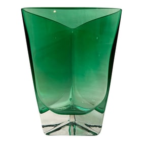 1990's Krosno of Poland Emerald Green Art Glass Triangular Vase