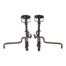 Antique Spanish Forged Iron Basket-Top Andirons- Set of 2