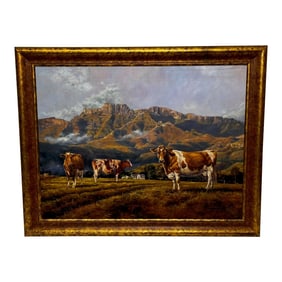 Oil Painting Nkone Cattle on Ranch Eastern Highlands by David Langmead Framed