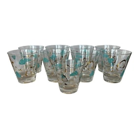 Mid Century Atomic Amoeba Turquoise and Gold Whisky Double Old Fashioned Cocktail Glasses - Set of 9