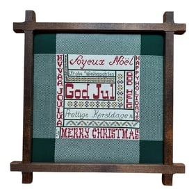 1980s Framed Hand Stitched Textile Merry Christmas Scandinavian Wall Decor