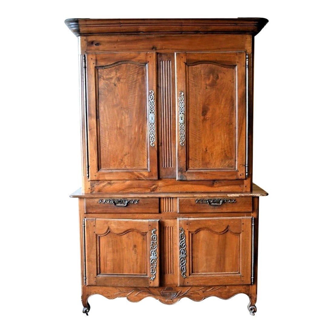 Antique French Louis XV Tall Double Walnut Buffet: Antique French Louis XV style double buffet, late 18th century. Beautiful walnut is double paneled on upper and lower sets of doors. Intricate iron escutcheons on all doors, with original iron fiche h