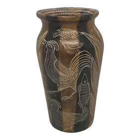 Mid 20th Century Asian Style Hand Carved Soapstone Vase With Roosters, Fish and Plants Design