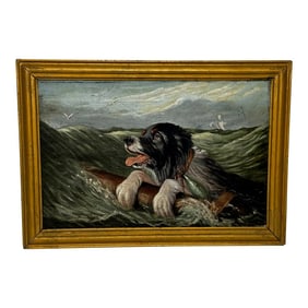 Antique Late 19th Century British Seascape Oil Painting Saint Bernard Dog Swamped Shipwrecked Approa