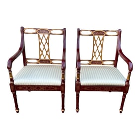Maitland Smith Style Chinoiserie Side Chairs Red and Gold - A Pair