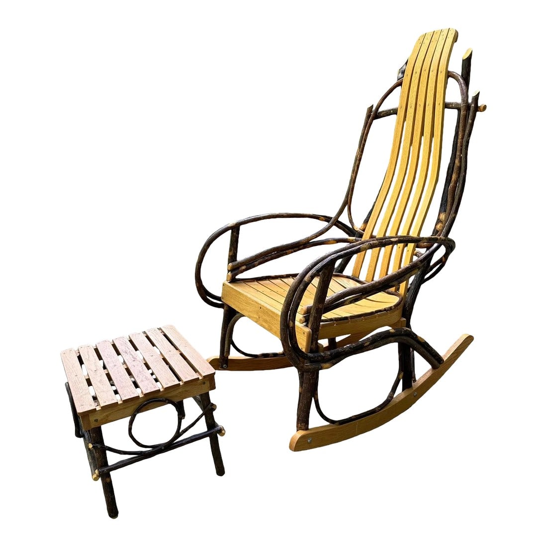 Bentwood Hickory and Oak Slat Rocker With Footstool - Set of 2: Beautiful examples of Amish hand crafted furniture, a vintage 1990's signed set produced from "˜Cashton Village' home to the largest Old Order Amish community of Wisconsin. Rocker has a bent hick