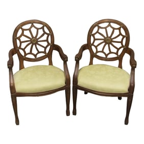 Pair of Georgian Style Carved Mahogany Wheelback Arm Chairs With Floral Damask Seats