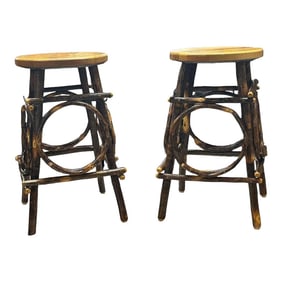 Amish Folk Art Bentwood Hickory and Oak Hand Crafted Swivel Stools -a Pair