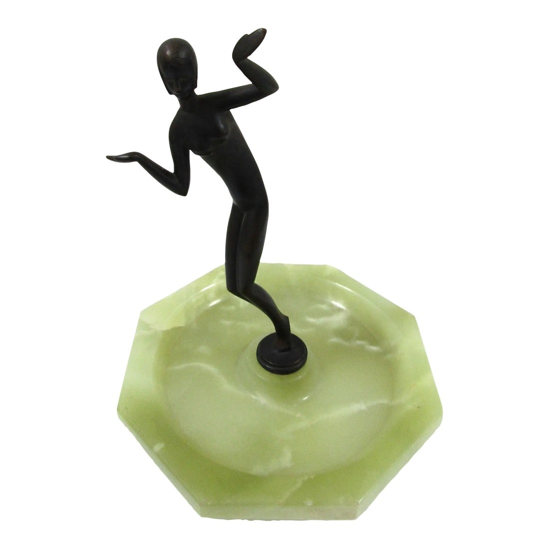 1920s Antique Karl Hagenauer Austria Art Deco Bronze Dancer Sculpture on Green Onyx: Antique Karl Hagenauer 1920 Austria Art Deco Bronze Dancer Sculpture on Octagon Green Onyx Base Circa 1920, Karl Hagenauer (Austria 1898-1956), art deco bronze dancing girl figurine with black patina,