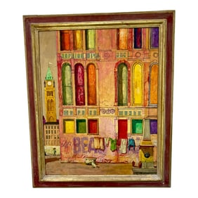 Bright Modern Cityscape Painting by Collins Thomas – Framed on Board