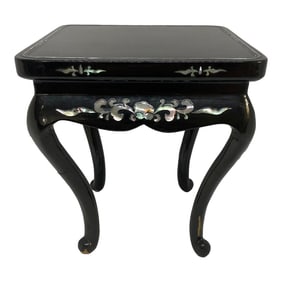 Mid 20th Century Asian Black Lacquer Wood Four Leg Plant Vase Stand Table With Mother of Pearl Inlay