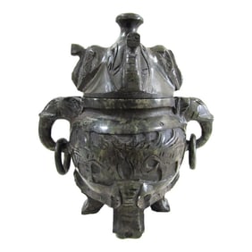 Antique Chinese Spinach Jade Elephant Themed Covered Censer