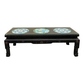 1940s Chinese Black Lacquer Coffee Table With Cloisonne Medallions and Glass Top