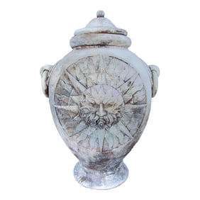 Vintage Large Outdoor Pottery Lidded Urn With Sun Motif and Faux Handles