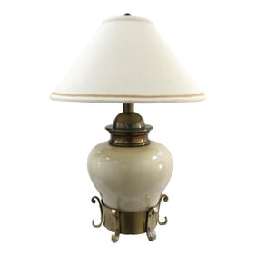 1979 Chapman Chinoiserie Cream Ceramic and Brass Table Lamp and Linen Shade