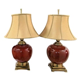Pair of Uttermost Daviel Oxblood Red Porcelain Bronze Base Table Lamp 26728