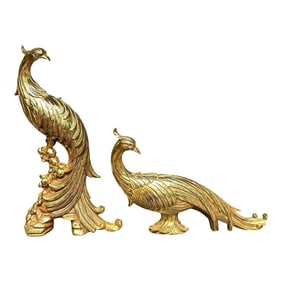 Mid-Century Syroco Gold Hollywood Regency Peacock Statues - a Pair