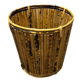 Mid 20th Century Vintage Tortoise Pencil Bamboo With Rattan Basket Planter