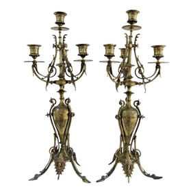19th Century French Empire Ormolu Candelabras With Leaves, Scrolls, Hoof Feet - a Pair