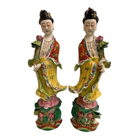 Early to Mid 20th Century Chinoiserie Porcelain Guanyin (Kwan Yin ) 16" Statues Handpainted - a Pa