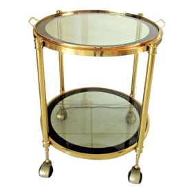 Vintage 1960s Hollywood Regency Round Brass and Smoked Glass Tray Top Bar Cart