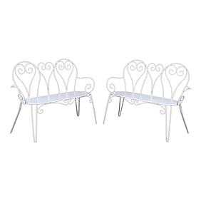 Mid 20th Century Painted Wrought Iron Scrolled Garden Benches, a Pair